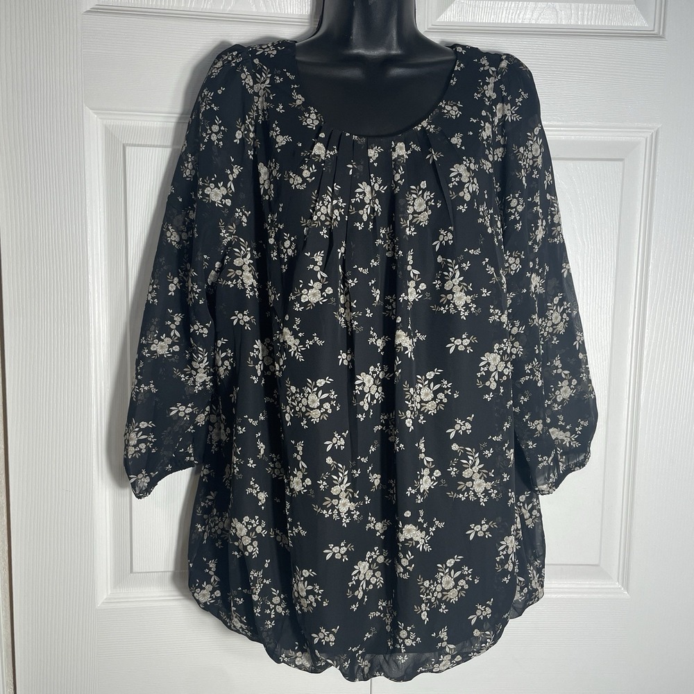 Zenobia Shirt Women 3X Black Beige Floral Long Sleeve Lined‎ Whimsigoth Blouse